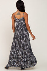 Charcoal Floral Sleeveless Tiered Maxi Dress