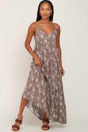 Mocha Floral Sleeveless Tiered Maxi Dress