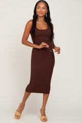 Brown Fitted Knit Maternity Midi Dress