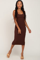 Brown Fitted Knit Midi Dress