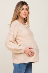 Beige Puff Sleeve Maternity Sweater