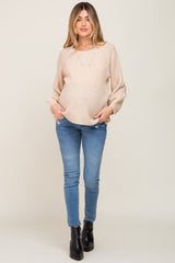 Beige Puff Sleeve Maternity Sweater