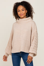 Beige Turtle Neck Contrast Knit Sweater