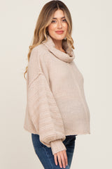 Beige Turtle Neck Contrast Knit Maternity Sweater