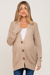 Beige Oversized Textured Knit Maternity Cardigan