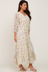 Yellow Floral 3/4 Sleeve Tiered Maxi Dress