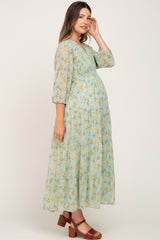 Mint Green Floral 3/4 Sleeve Tiered Maternity Maxi Dress