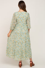 Mint Green Floral 3/4 Sleeve Tiered Maternity Maxi Dress