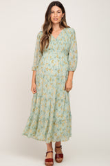 Mint Green Floral 3/4 Sleeve Tiered Maternity Maxi Dress