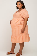 Peach Textured Sweetheart Maternity Plus Midi Dress