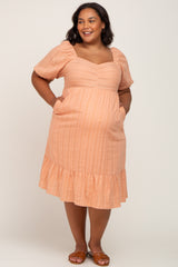 Peach Textured Sweetheart Maternity Plus Midi Dress