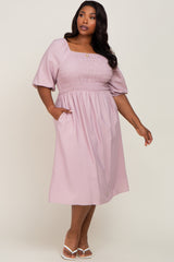 Lavender Smocked Square Neck Plus Midi Dress