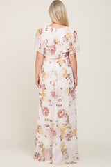 Cream Floral Chiffon Wrap Short Sleeve Maternity Maxi Dress