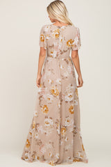 Taupe Floral Chiffon Wrap Short Sleeve Maxi Dress