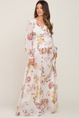 Cream Floral Chiffon Long Sleeve Maternity Maxi Dress