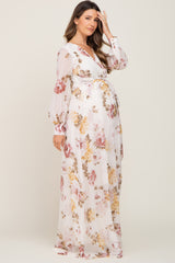 Cream Floral Chiffon Long Sleeve Maternity Maxi Dress