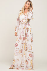 Cream Floral Chiffon Long Sleeve Maxi Dress