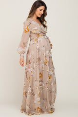 Taupe Floral Chiffon Long Sleeve Maternity Maxi Dress