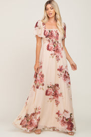 Cream Floral Chiffon Smocked Maxi Dress