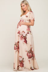 Cream Floral Chiffon Smocked Maternity Maxi Dress