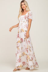 Cream Floral Chiffon Smocked Maxi Dress