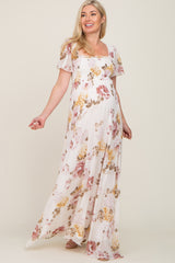 Cream Floral Chiffon Smocked Maternity Maxi Dress