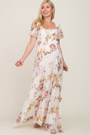 Cream Floral Chiffon Smocked Maternity Maxi Dress