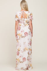 Cream Floral Chiffon Smocked Maternity Maxi Dress