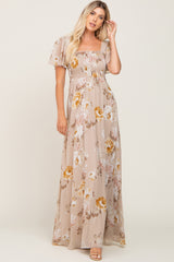 Taupe Floral Chiffon Smocked Maternity Maxi Dress