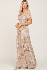 Taupe Floral Chiffon Smocked Maxi Dress