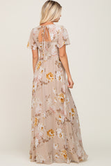 Taupe Floral Chiffon Smocked Maxi Dress