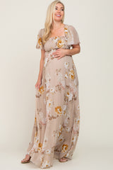 Taupe Floral Chiffon Smocked Maternity Maxi Dress