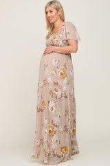 Taupe Floral Chiffon Smocked Maternity Maxi Dress