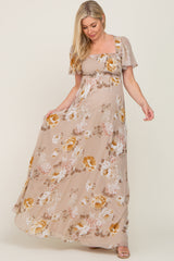 Taupe Floral Chiffon Smocked Maternity Maxi Dress