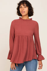 Rust Long Sleeve Ruffle Peplum Maternity Blouse