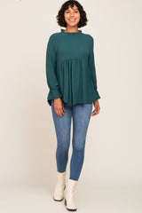 Emerald Green Long Sleeve Ruffle Peplum Blouse