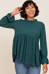 Emerald Green Long Sleeve Ruffle Peplum Blouse