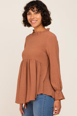 Camel Long Sleeve Ruffle Peplum Blouse