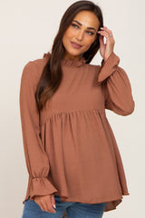 Camel Long Sleeve Ruffle Peplum Maternity Blouse