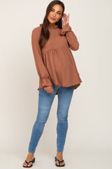 Camel Long Sleeve Ruffle Peplum Maternity Blouse