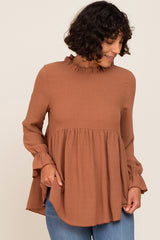 Camel Long Sleeve Ruffle Peplum Maternity Blouse