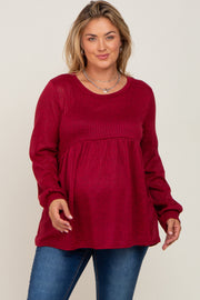 Burgundy Knit Ribbed Babydoll Maternity Plus Top