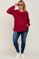 Burgundy Knit Ribbed Babydoll Maternity Plus Top