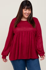 Burgundy Knit Ribbed Babydoll Plus Top