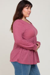 Mauve Knit Ribbed Babydoll Plus Top