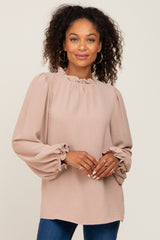 Mocha Ruffle Neck Maternity Long Sleeve Blouse