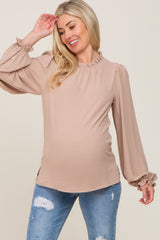 Mocha Ruffle Neck Maternity Long Sleeve Blouse