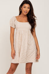 Light Brown Plaid Puff Sleeve Maternity Dress