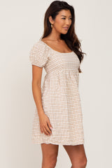 Light Brown Plaid Puff Sleeve Dress