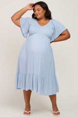 Light Blue Smocked Ruffle Maternity Plus Dress